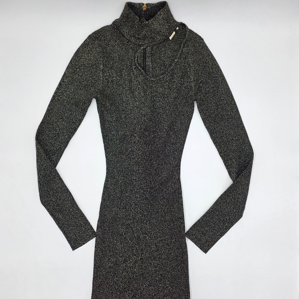 Michael Kors Women XS Black Gold Metallic Ribbed Cutout Mock Neck Knit Dress